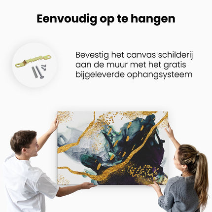 Canvas schilderij ophangen Abstracte Kunst - Zwart Wit met Gouden Strepen