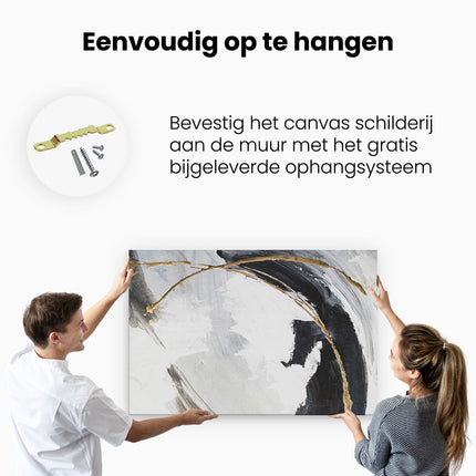 Canvas schilderij ophangen Abstracte Kunst - Wit met Zwart en Goud