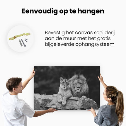 Canvas schilderij ophangen Leeuw en Leeuwin - Liefde Koppel - Zwart Wit