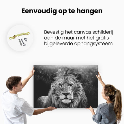 Canvas schilderij ophangen Leeuw in het Wild - Leeuwenkop - Zwart Wit