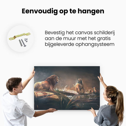 Canvas schilderij ophangen Leeuwen Familie in het Wild - Getekend
