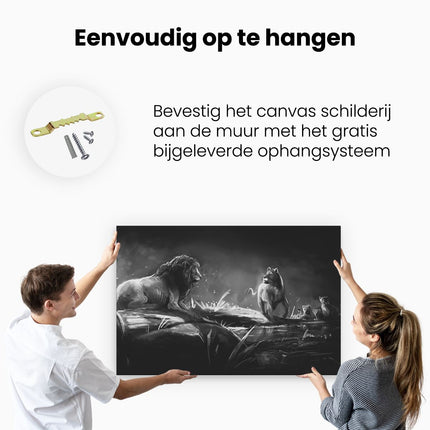 Canvas schilderij ophangen Leeuwen Familie in het Wild - Getekend - Zwart Wit