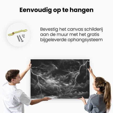 Canvas schilderij ophangen Donkere Wolken met Bliksem - Zwart Wit