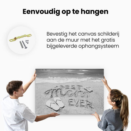 Canvas schilderij ophangen Best Mom Ever op het Strand met Slippers - Zwart Wit