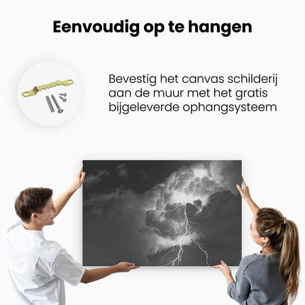 Canvas schilderij ophangen Blikseminslag tussen de Wolken - Onweer - Zwart Wit