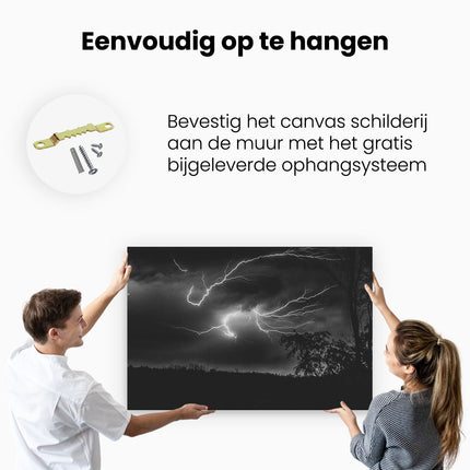 Canvas schilderij ophangen Blikseminslagen in een Paarse Hemel - Onweer - Zwart Wit