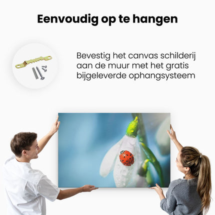 Canvas schilderij ophangen Lieveheersbeestje op een Sneeuwklokje Bloem