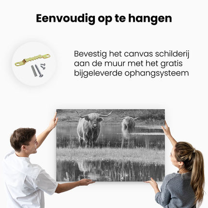 Canvas schilderij ophangen Twee Schotse Hooglanders in het Moeras - Zwart Wit