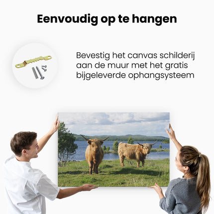 Canvas schilderij ophangen Twee Schotse Hooglanders bij het Water