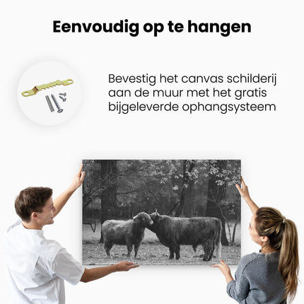Canvas schilderij ophangen Twee Schotse Hooglanders Kussen Elkaar - Liefde - Zwart Wit