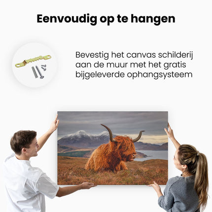 Canvas schilderij ophangen Schotse Hooglander Ligt in de Bergen