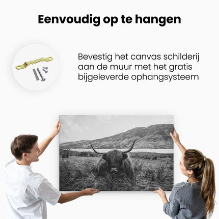 Canvas schilderij ophangen Schotse Hooglander ligt in het Gras - Zwart Wit