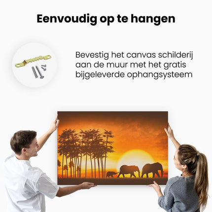 Canvas schilderij ophangen Olifanten Familie bij Zonsondergang