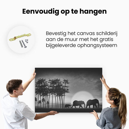 Canvas schilderij ophangen Olifanten Familie bij Zonsondergang - Zwart Wit