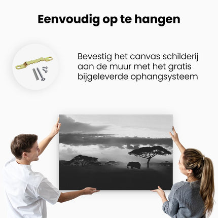 Canvas schilderij ophangen Olifant in de Savanne  - Zwart Wit