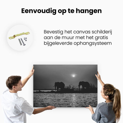 Canvas schilderij ophangen Twee Olifanten aan het Water bij Zonsondergang - Zwart Wit