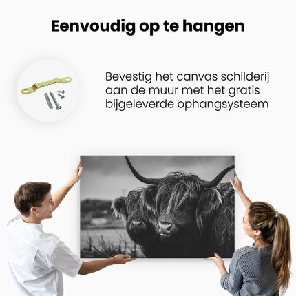 Canvas schilderij ophangen Twee Schotse Hooglander Koeienkoppen - Zwart Wit