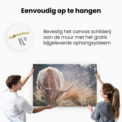 Canvas schilderij ophangen Schotse Hooglander Koe graast Gras 