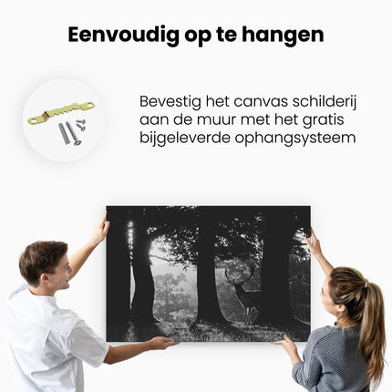 Canvas schilderij ophangen Hert in de Bossen bij Zonsopkomst - Zwart Wit