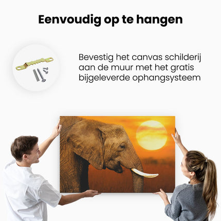 Canvas schilderij ophangen Olifantenkop bij Zonsondergang - Olifant