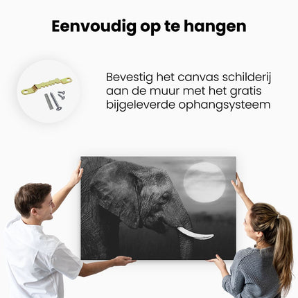 Canvas schilderij ophangen Olifantenkop bij Zonsondergang - Olifant - Zwart Wit