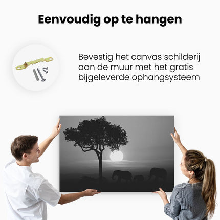 Canvas schilderij ophangen Olifanten Familie bij Zonsondergang - Olifant - Zwart Wit