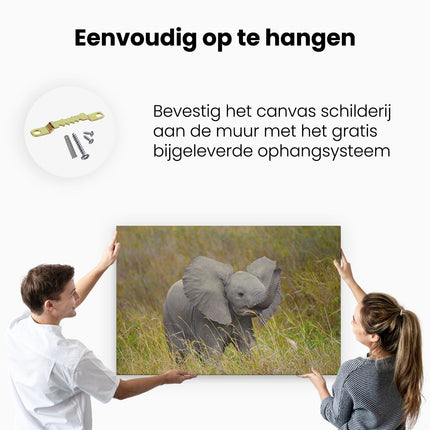 Canvas schilderij ophangen Olifanten Baby in het Gras - Olifant