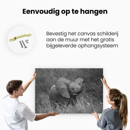 Canvas schilderij ophangen Olifanten Baby in het Gras - Olifant - Zwart Wit