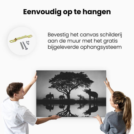 Canvas schilderij ophangen Olifanten Familie bij een Boom - Zonsondergang - Zwart Wit
