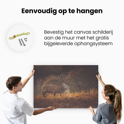 Canvas schilderij ophangen Hert in het Gras met Mist