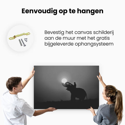 Canvas schilderij ophangen Silhouet van een Olifant bij Zonsondergang - Zwart Wit