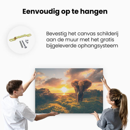 Canvas schilderij ophangen Olifant in het Wild bij Zonsondergang