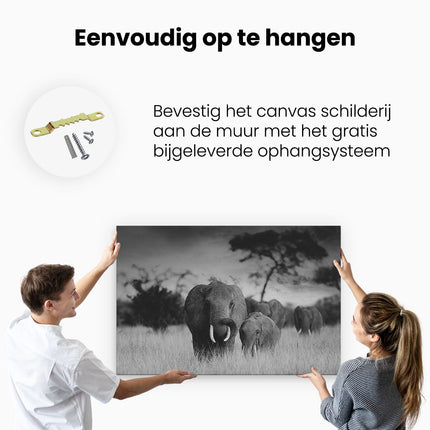 Canvas schilderij ophangen Groep Olifanten in het Wild - Kudde - Zwart Wit