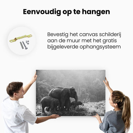 Canvas schilderij ophangen Olifanten Familie in de Jungle - Olifant - Zwart Wit