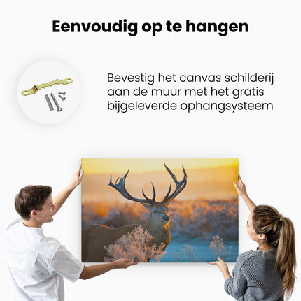 Canvas schilderij ophangen Hert tijdens de Zonsondergang