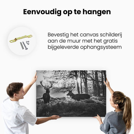 Canvas schilderij ophangen Twee Herten tijdens de Zonsondergang - Zwart Wit