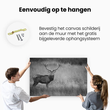 Canvas schilderij ophangen Hert in de Weide - Zwart Wit