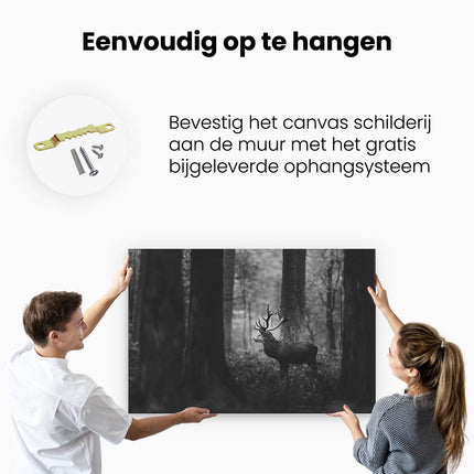 Canvas schilderij ophangen Hert in het Bos - Zwart Wit