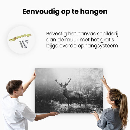 Canvas schilderij ophangen Hert Staand in een Herfstbos - Zwart Wit