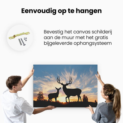 Canvas schilderij ophangen Herten Silhouet bij Zonsondergang 