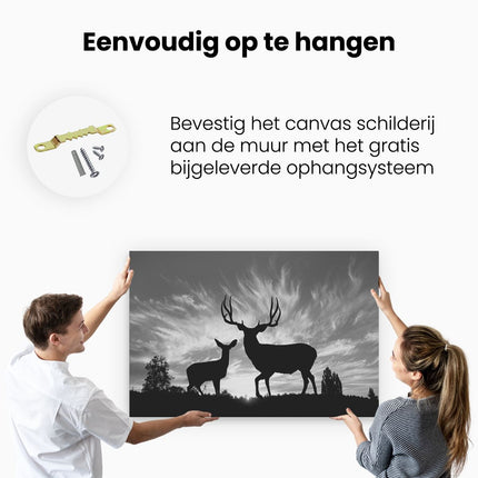 Canvas schilderij ophangen Herten Silhouet bij Zonsondergang  - Zwart Wit