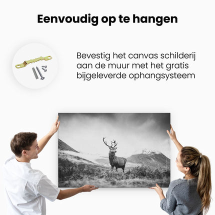 Canvas schilderij ophangen Hert in de Bergen met Mos - Zwart Wit