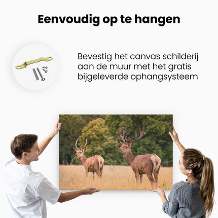 Canvas schilderij ophangen Twee Etende Herten in de Weide