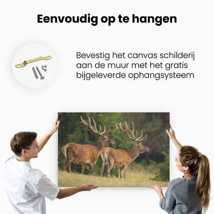 Canvas schilderij ophangen Twee Herten in het Bos met Grote Gewei