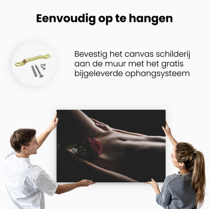 Canvas schilderij ophangen Naakte Vrouwenlichaam met een Rode Roos - Erotiek