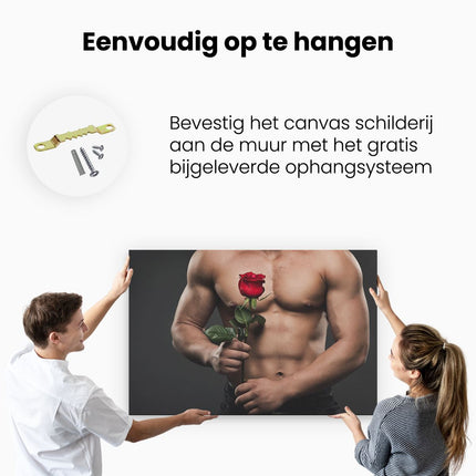 Canvas schilderij ophangen Gespierde Man zonder Shirt met een Roos - Erotiek