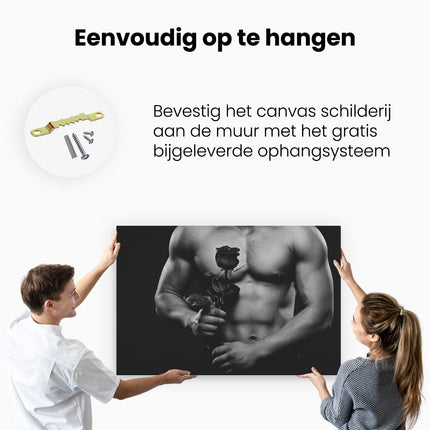 Canvas schilderij ophangen Gespierde Man zonder Shirt met een Roos - Erotiek - Zwart Wit