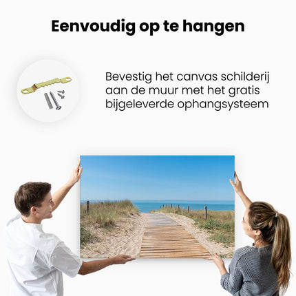 Canvas schilderij ophangen Voetpad in De Duinen met Zee op de Achtergrond