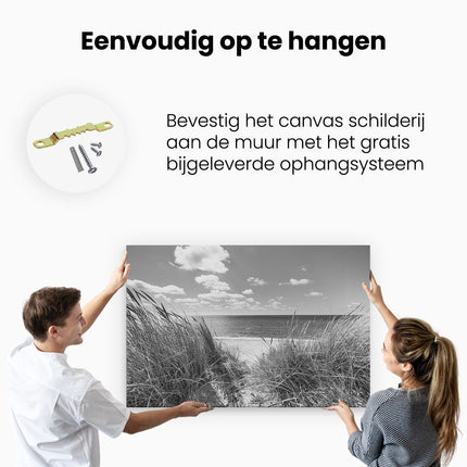 Canvas schilderij ophangen Strand en Zee vanuit Duinen - Zwart Wit