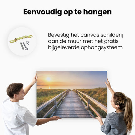 Canvas schilderij ophangen Voetpad in de Duinen met Zonsondergang